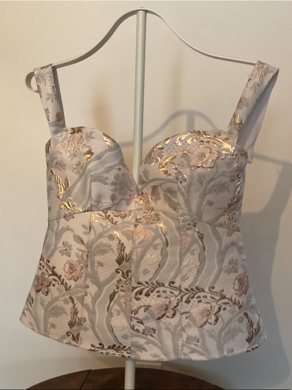 Express Floral Jacquard Bustier Top in Pale Pink and Gold Accents